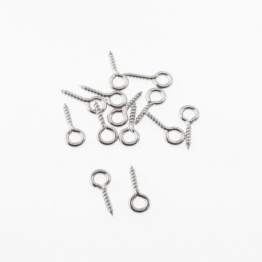 100 vnt, nerūdijančio plieno įsukami pakabuko laikikliai, sidabrinė spalva, metalo storis- 1.2 mm, ilgis- 12 mm, skylė- 5 mm 100 vnt, nerūdijančio plieno įsukami pakabuko laikikliai, sidabrinė spalva, metalo storis- 1.2 mm, ilgis- 12 mm, skylė- 5 mm