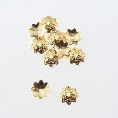 20 vnt, nerūdijančio plieno kėpurėlės gėlės formos, auksinė spalva, diametras-7 mm, skylės dydis-1 mm