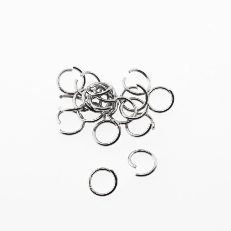 20 vnt, nerūdijančio plieno nelituoti viengubi žiedeliai, sidabrinė spalva, metalo storis 1.2 mm, diametras 10 mm 20 vnt, nerūdijančio plieno nelituoti viengubi žiedeliai, sidabrinė spalva, metalo storis 1.2 mm, diametras 10 mm