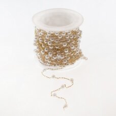 5 metrai, nerūdijančio plieno grandinėlė su perlais, paauksuota, auksinė spalva, 3, 4 mm