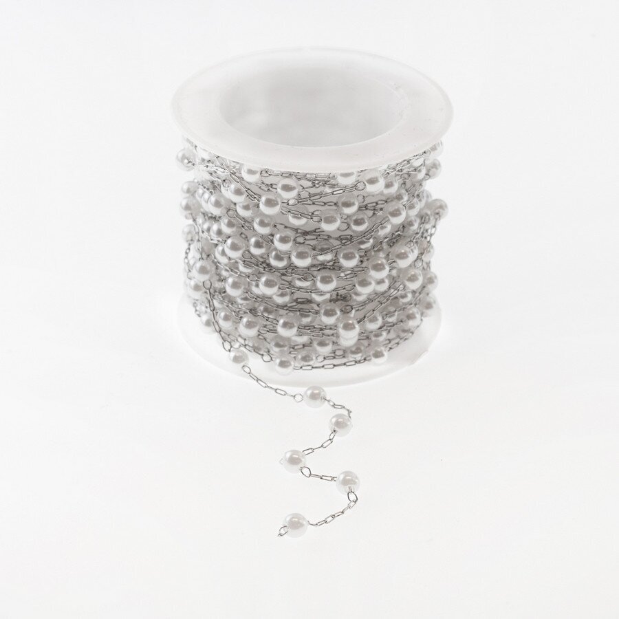 5 meters, stainless steel chain with pearls, silver color, 3, 4 mm