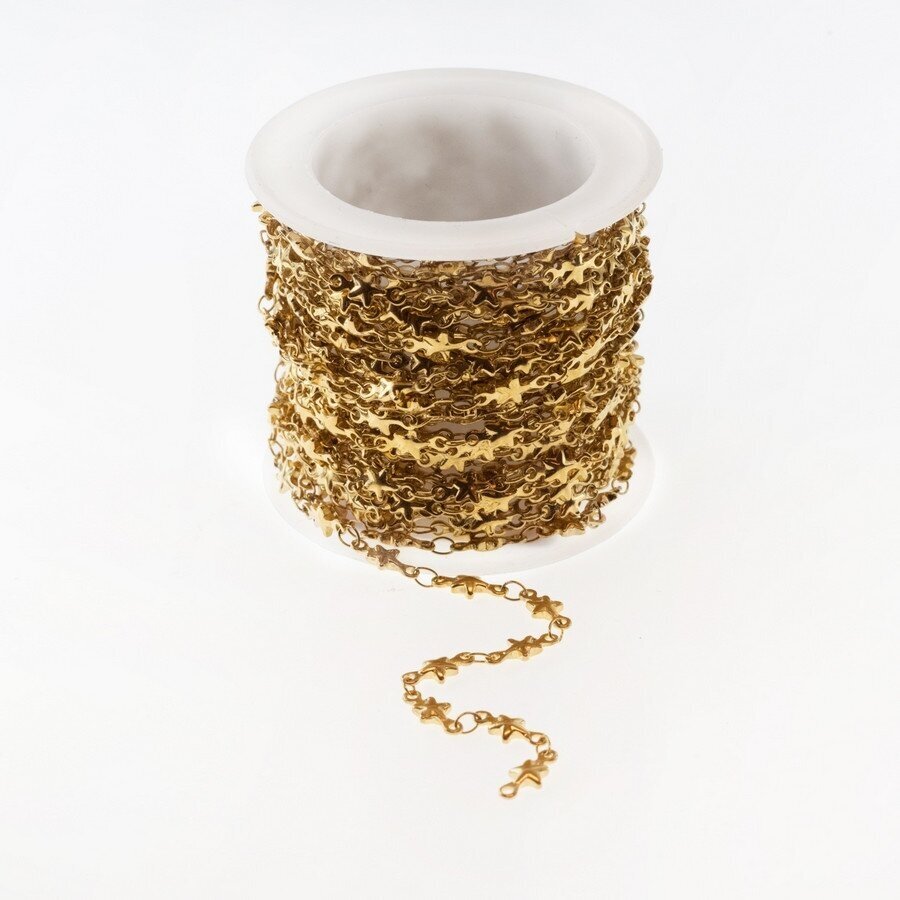5 meters, stainless steel chain star shape, gold plated, gold color, 2x4.5x10 mm 5 meters, stainless steel chain star shape, gold plated, gold color, 2x4.5x10 mm