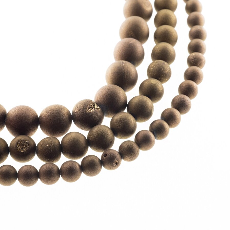 Agatas Druzy, natūralus, AB kokybė, galvanizuotas, apvali forma, ruda spalva, 37-39 cm/gija, 6, 8, 10, 12, 14, 16, 18, 20 mm