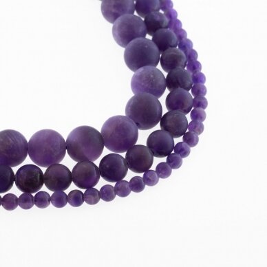 Ametistas, natūralus, B kokybė, matinis, apvali forma, violetinė spalva, 37-39 cm/gija, 4, 6, 8, 10, 12 mm Ametistas, natūralus, B kokybė, matinis, apvali forma, violetinė spalva, 37-39 cm/gija, 4, 6, 8, 10, 12 mm