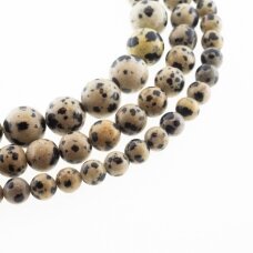 Dalmatijos jaspis, natūralus, B kokybė, apvali forma, juodai dėmėta smėlio spalva, 37-39 cm/gija, 4, 6, 8, 10, 12 mm Dalmatijos jaspis, natūralus, B kokybė, apvali forma, juodai dėmėta smėlio spalva, 37-39 cm/gija, 4, 6, 8, 10, 12 mm
