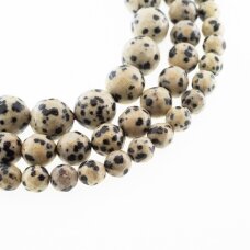 Dalmatijos jaspis, natūralus, B kokybė, briaunuotas, apvali forma, juodai dėmėta smėlio spalva, 37-39 cm/gija, 4, 6, 8, 10, 12 mm Dalmatijos jaspis, natūralus, B kokybė, briaunuotas, apvali forma, juodai dėmėta smėlio spalva, 37-39 cm/gija, 4, 6, 8, 10, 12 mm