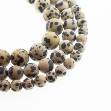 Dalmatijos jaspis, natūralus, B kokybė, matinis, apvali forma, juodai dėmėta smėlio spalva, 37-39 cm/gija, 4, 6, 8, 10, 12 mm Dalmatijos jaspis, natūralus, B kokybė, matinis, apvali forma, juodai dėmėta smėlio spalva, 37-39 cm/gija, 4, 6, 8, 10, 12 mm