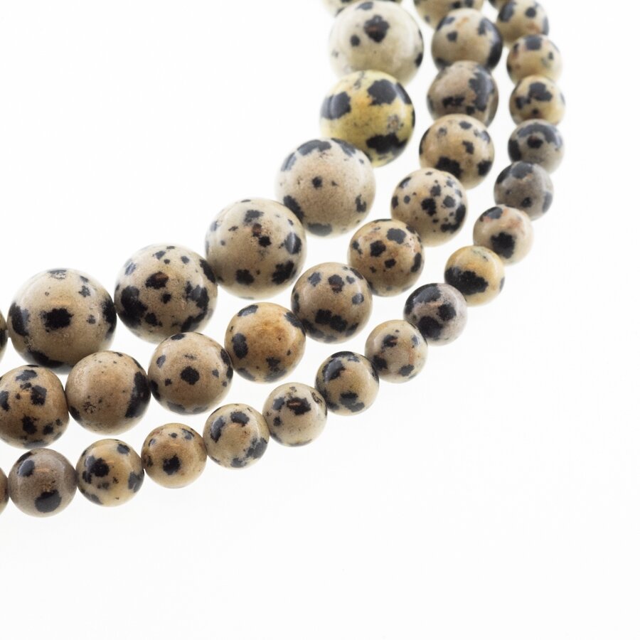 Dalmatian Jasper, Natural, B Grade, Round Bead, Black-spotted Beige, 37-39 cm/strand, 4, 6, 8, 10, 12 mm Dalmatian Jasper, Natural, B Grade, Round Bead, Black-spotted Beige, 37-39 cm/strand, 4, 6, 8, 10, 12 mm