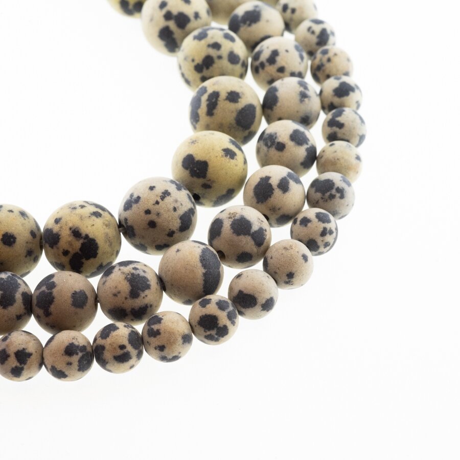 Dalmatian Jasper, Natural, B Grade, Matte Round Bead, Black-spotted Beige, 37-39 cm/strand, 4, 6, 8, 10, 12 mm Dalmatian Jasper, Natural, B Grade, Matte Round Bead, Black-spotted Beige, 37-39 cm/strand, 4, 6, 8, 10, 12 mm