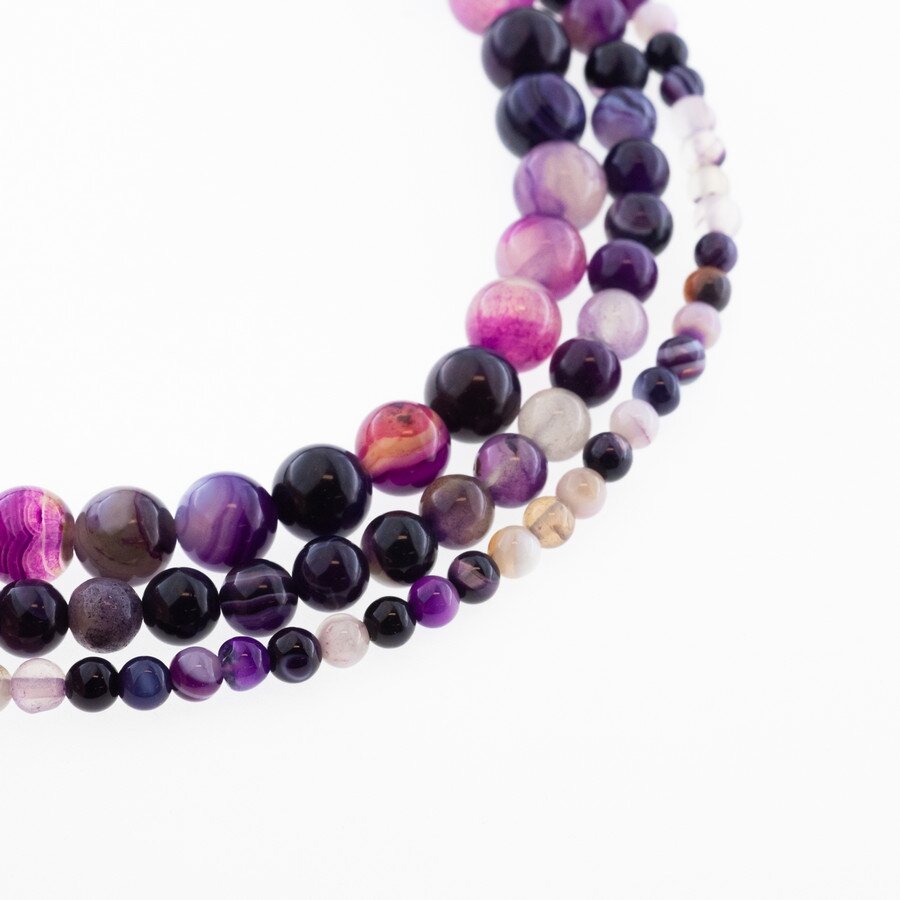 Dryžuotas agatas, natūralus, B kokybė, dažytas, apvali forma, violetinė spalva, 37-39 cm/gija, 4, 6, 8, 10, 12, 14 mm