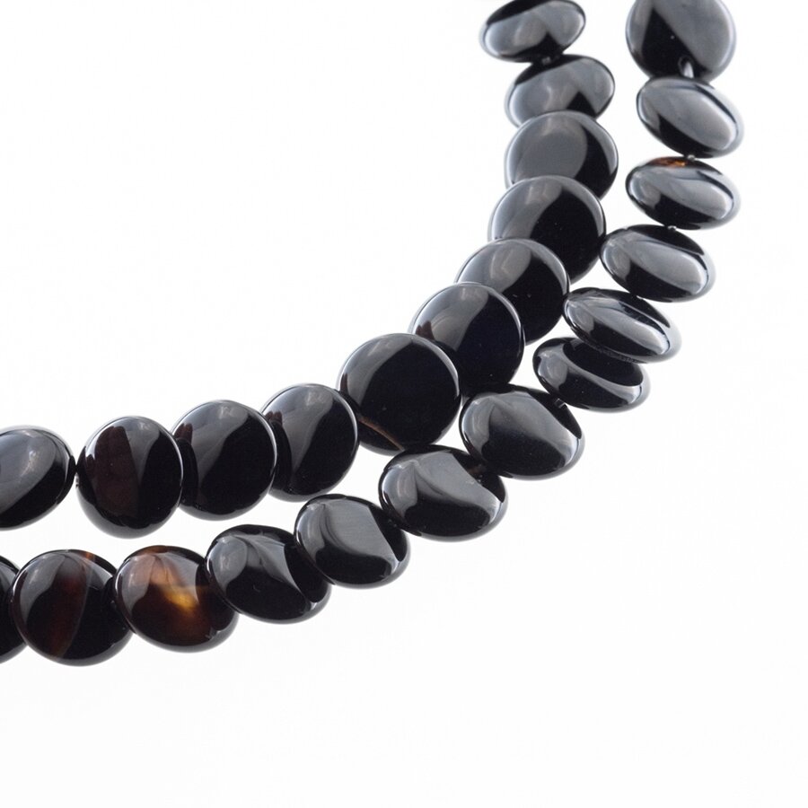 Dryžuotas agatas, natūralus, B kokybė, dažytas, persidengusio išgaubto disko forma, juoda-ruda spalva, 37-39 cm/gija, 12 mm Dryžuotas agatas, natūralus, B kokybė, dažytas, persidengusio išgaubto disko forma, juoda-ruda spalva, 37-39 cm/gija, 12 mm