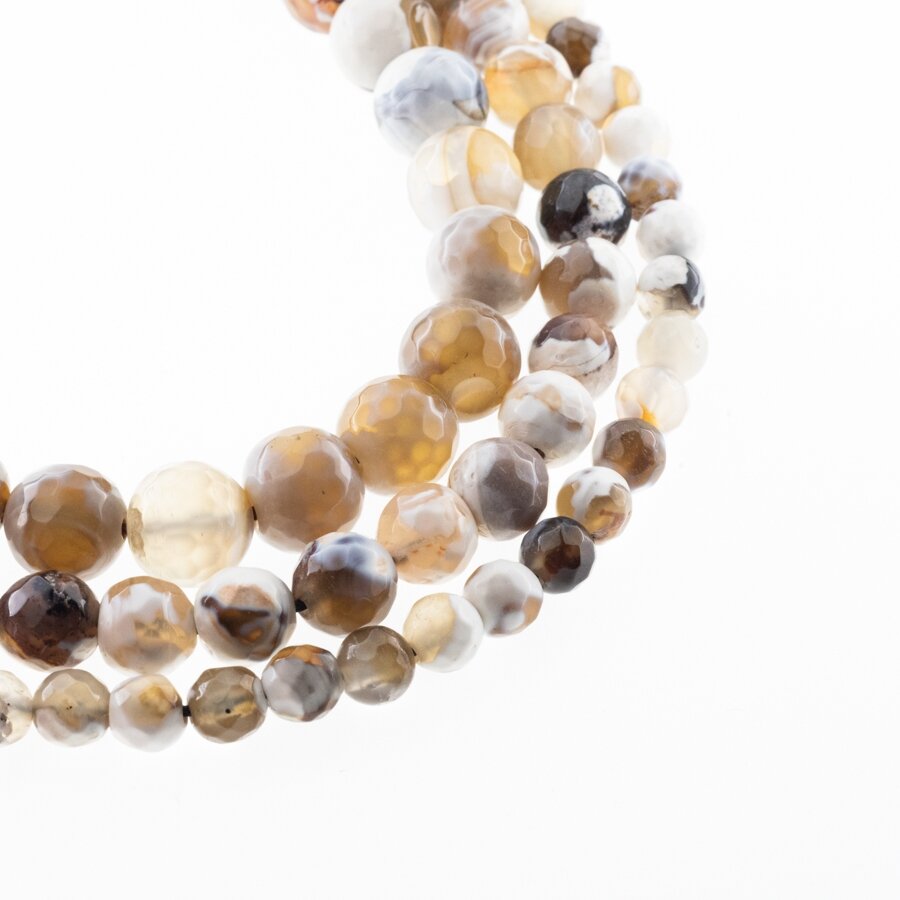 Fire Agate, Natural, B Grade, Dyed, Faceted Round Bead, Brown-White, 37-39 cm/strand, 4, 6, 8, 10, 12, 14 mm Fire Agate, Natural, B Grade, Dyed, Faceted Round Bead, Brown-White, 37-39 cm/strand, 4, 6, 8, 10, 12, 14 mm
