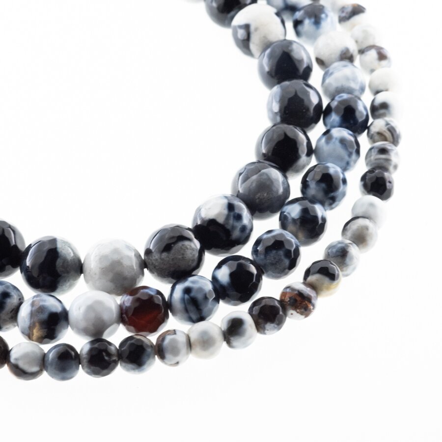 Fire Agate, Natural, B Grade, Dyed, Faceted Round Bead, Black-White, 37-39 cm/strand, 4, 6, 8, 10, 12, 14 mm