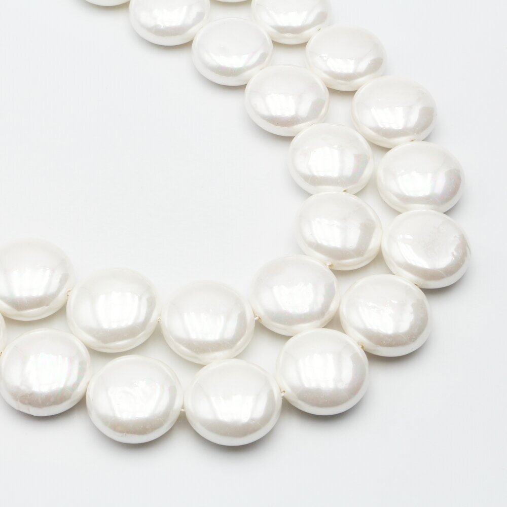 Shell Pearl, Reconstituted, B Grade, Puffed Disc Bead, White, 39 cm/strand, 25 mm