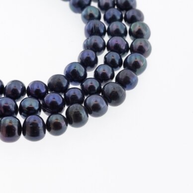 Gėlavandeniai perlai, kultivuoti, D kokybė, pusiau apvali forma, povo mėlyna spalva (dažyti), 35-36 cm/gija, apie 6-7, 7-8, 8-9, 9-10, 11-12 mm