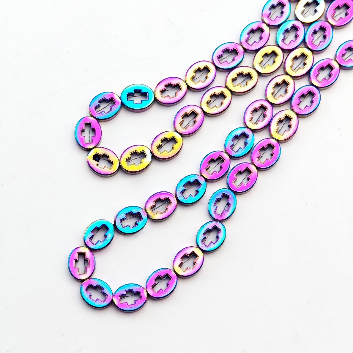 Hematite, Reconstituted, Cross in Oval Bead, Rainbow, 39-40 cm/strand, 8x10 mm