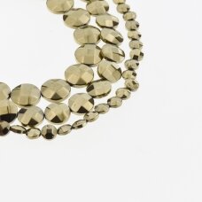 Hematite, Reconstituted, Faceted Puffed Disc Bead, Khaki Gold, 39-40 cm/strand, 4, 6, 8, 10, 12 mm