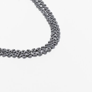 Hematitas, regeneruotas, banguota rondelės forma, du gręžimo būdai, juoda spalva, 39-40 cm/gija, 4x2 mm Hematitas, regeneruotas, banguota rondelės forma, du gręžimo būdai, juoda spalva, 39-40 cm/gija, 4x2 mm