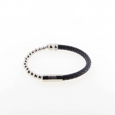 Hematite stone and natural leather bracelet with stainless steel magnetic clasp, 21cm long, 6mm wide