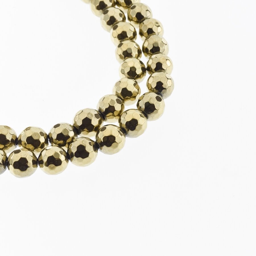 Hematite, Reconstituted, 96-Faceted Round Bead, Khaki Gold, 39-40 cm/strand, 6, 8, 10, 12, 14 mm