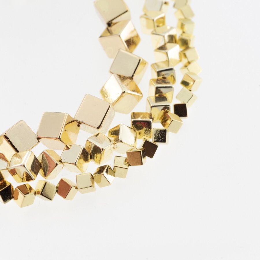 Hematite, Reconstituted, Electroplated, Diagonally-drilled Cube Bead, Extra Light Gold, 39-40 cm/strand, 4 mm