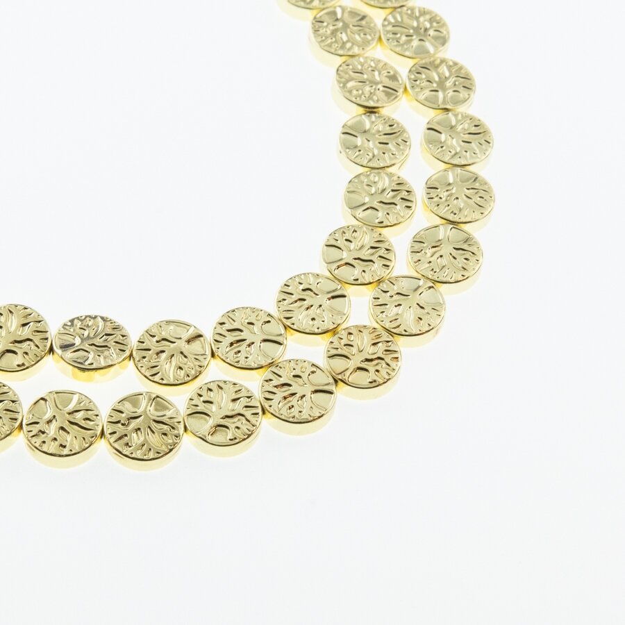 Hematite, Reconstituted, Electroplated, Flat Tree Bead, Extra Light Gold, 39-40 cm/strand, 10 mm Hematite, Reconstituted, Electroplated, Flat Tree Bead, Extra Light Gold, 39-40 cm/strand, 10 mm