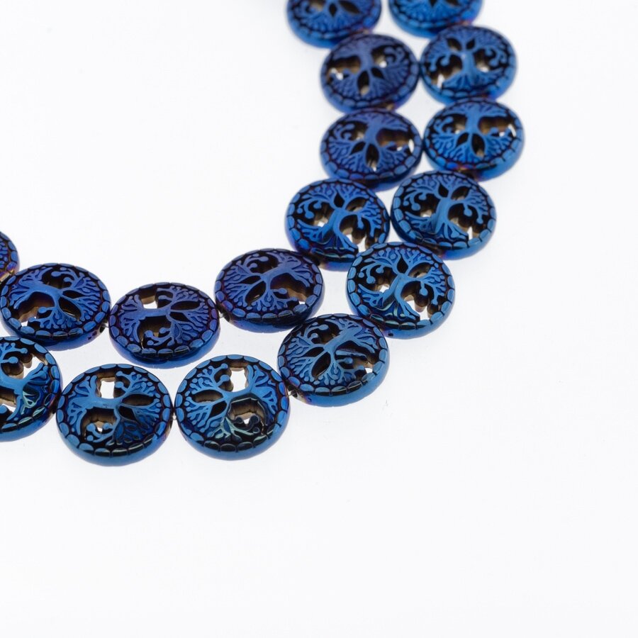 Hematite, Reconstituted, Hollow Tree of Life Bead, Blue, 39-40 cm/strand, 12 mm Hematite, Reconstituted, Hollow Tree of Life Bead, Blue, 39-40 cm/strand, 12 mm