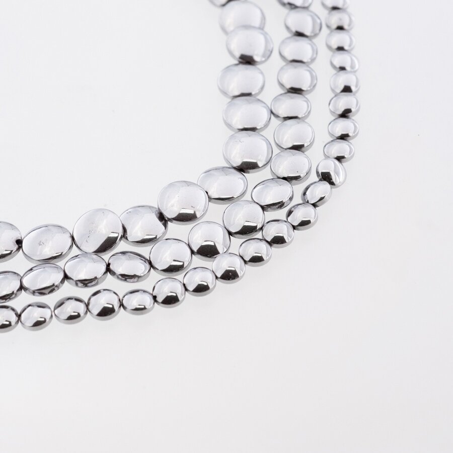 Hematite, Reconstituted, Puffed Disc Bead, Nickel Grey, 39-40 cm/strand, 4, 6, 8, 10 mm Hematite, Reconstituted, Puffed Disc Bead, Nickel Grey, 39-40 cm/strand, 4, 6, 8, 10 mm