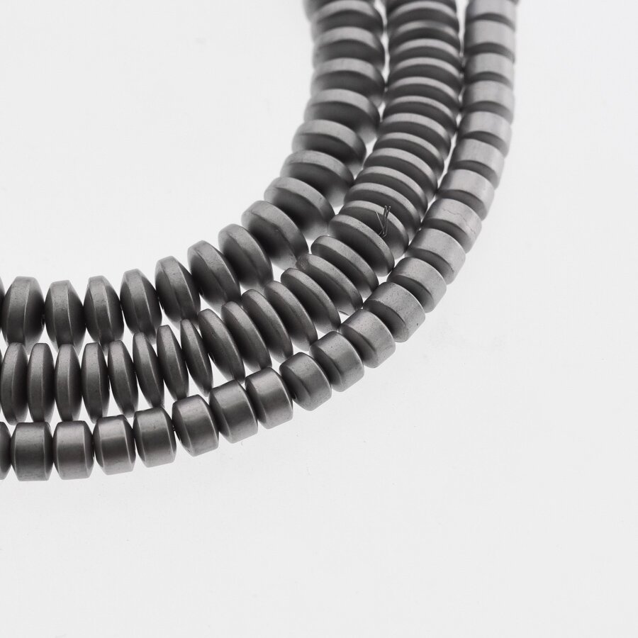 Hematitas, regeneruotas, matinis, abacus rondelės forma, nikelio spalva, 39-40 cm/gija, 3x2 mm