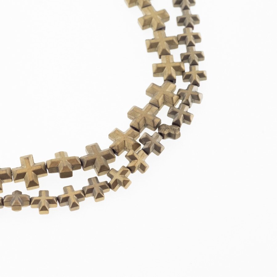 Hematite, Reconstituted, Matte Faceted Cross Bead, Khaki Gold, 39-40 cm/strand, 6x6, 8x8 mm Hematite, Reconstituted, Matte Faceted Cross Bead, Khaki Gold, 39-40 cm/strand, 6x6, 8x8 mm