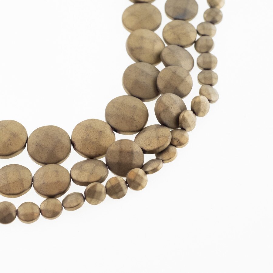 Hematyt, odzyskany, matowy, fasetowany, kształt wypukły dysku, złoto khaki kolor, 39-40 cm/sznur, 4, 6, 8, 10, 12 mm
