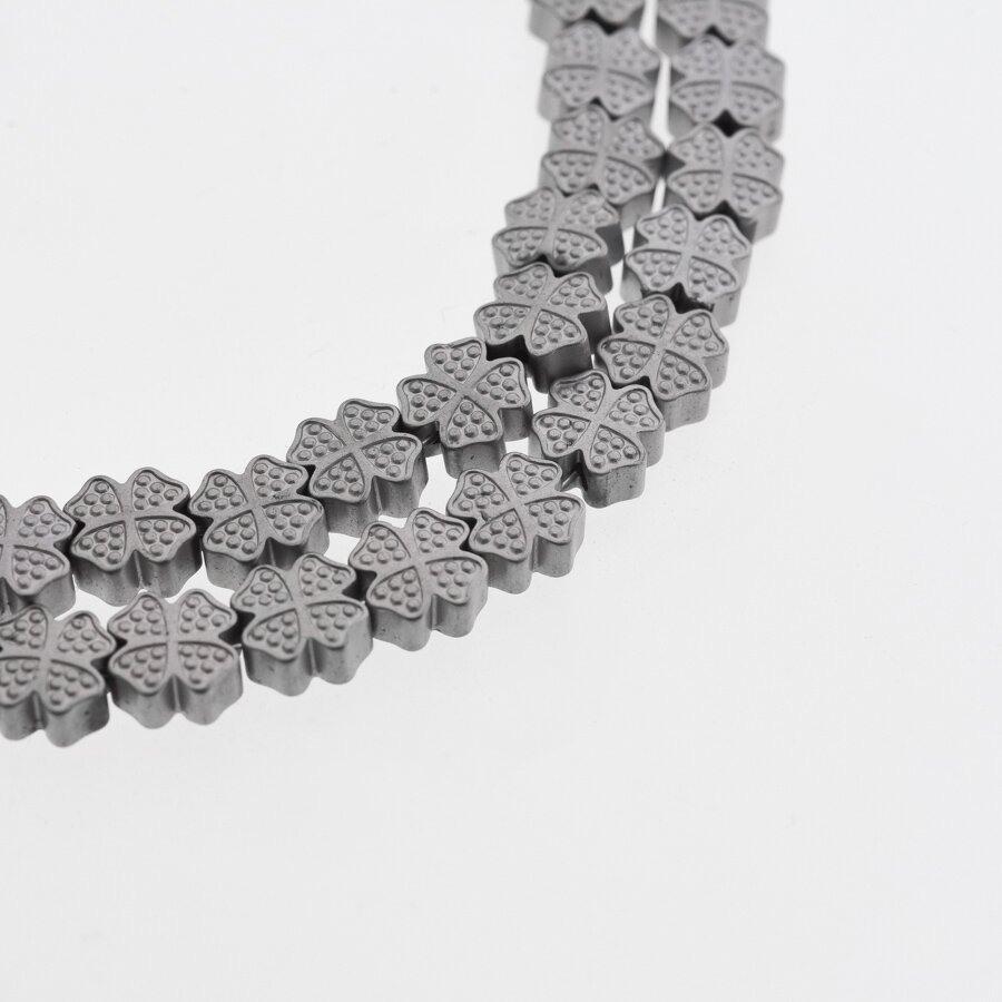 Hematite, Reconstituted, Matte Four-leaf Clover Cross Bead, Nickel Grey, 39-40 cm/strand, 8x8 mm Hematite, Reconstituted, Matte Four-leaf Clover Cross Bead, Nickel Grey, 39-40 cm/strand, 8x8 mm