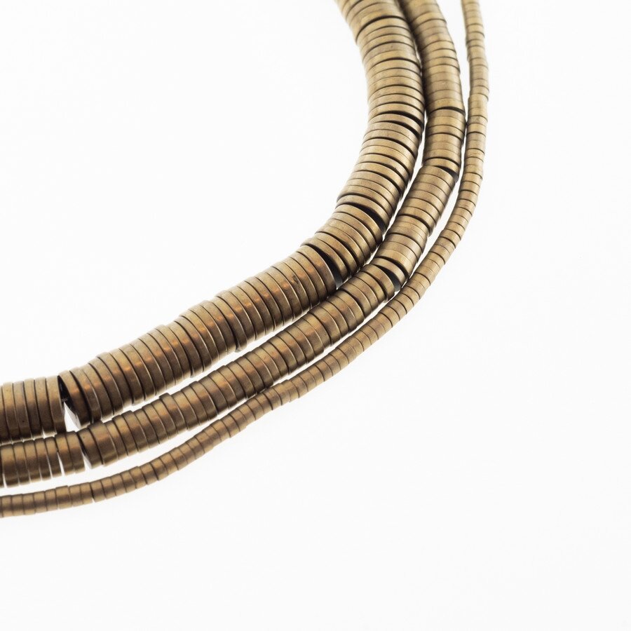 Hematite, Reconstituted, Matte Heishi Rondelle Bead, Khaki Gold, 39-40 cm/strand, 2x1, 3x1, 4x1, 6x1, 6x2, 8x2, 10x2 mm