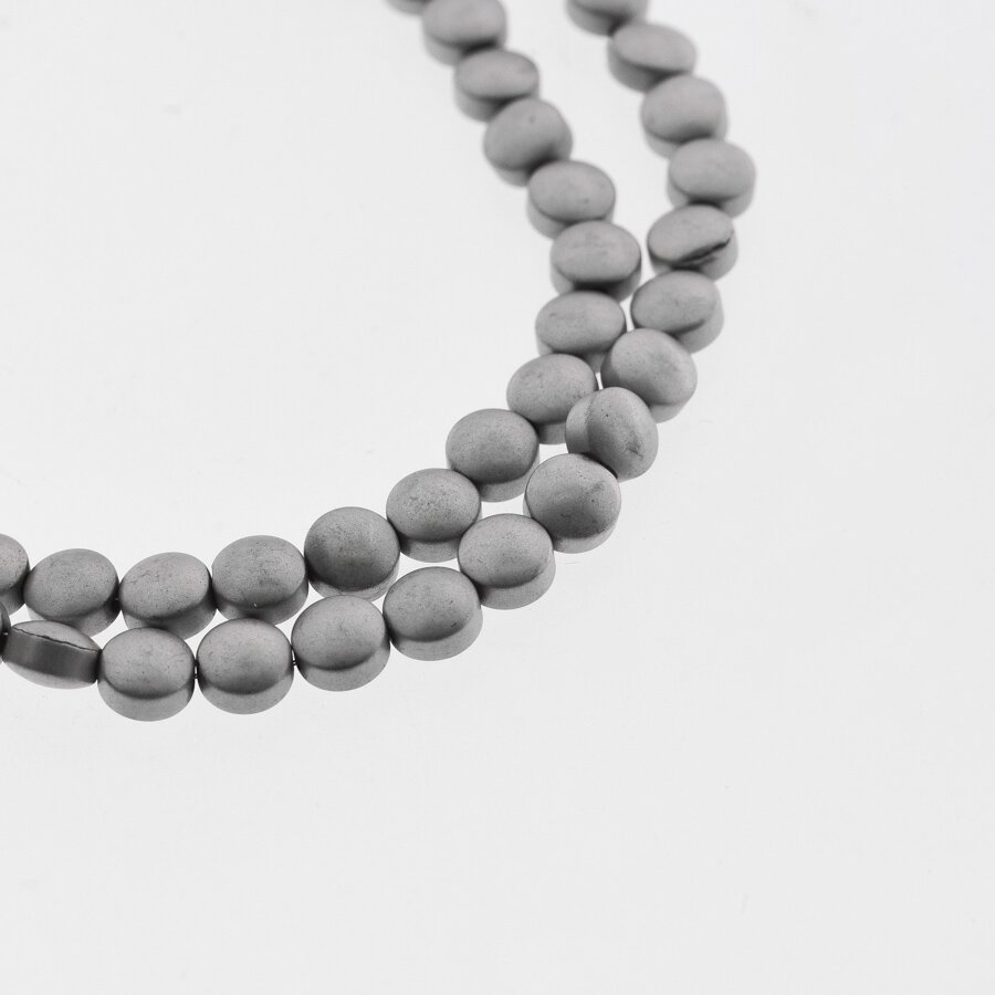 Hematite, Reconstituted, Matte Puffed Disc Bead, Nickel Grey, 39-40 cm/strand, 4 mm Hematite, Reconstituted, Matte Puffed Disc Bead, Nickel Grey, 39-40 cm/strand, 4 mm
