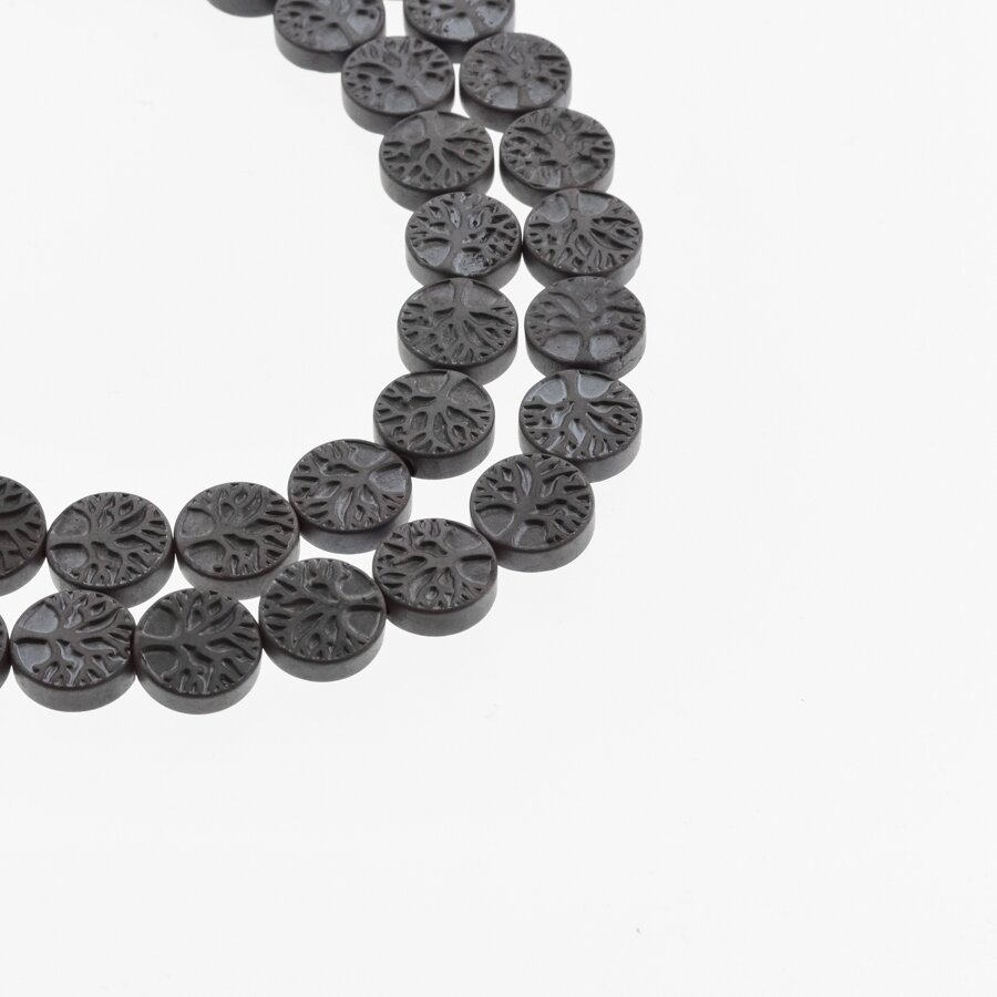 Hematite, Reconstituted, Matte Flat Tree of Life Bead, Black, 39-40 cm/strand, 10 mm Hematite, Reconstituted, Matte Flat Tree of Life Bead, Black, 39-40 cm/strand, 10 mm