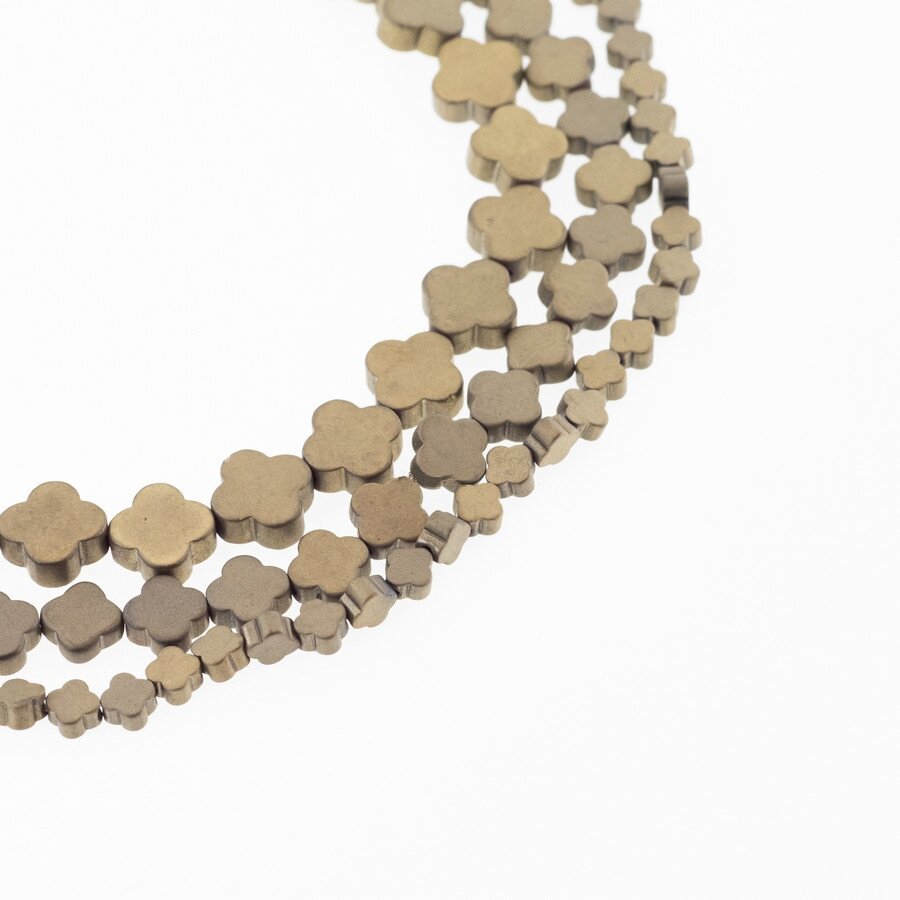Hematite, Reconstituted, Matte Flat Four-leaf Clover Bead, Khaki Gold, 39-40 cm/strand, 4x4, 6x6, 8x8 mm Hematite, Reconstituted, Matte Flat Four-leaf Clover Bead, Khaki Gold, 39-40 cm/strand, 4x4, 6x6, 8x8 mm