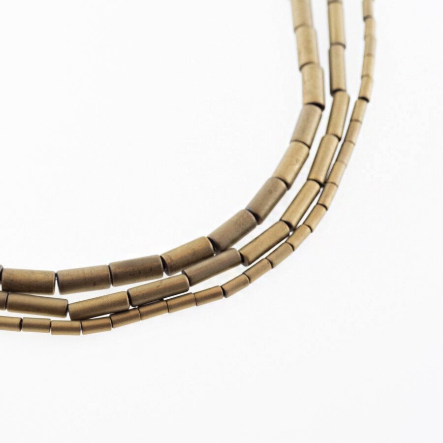 Hematite, Reconstituted, Matte Tube Bead, Khaki Gold, 39-40 cm/strand, 1x2, 1x3, 1x4, 1x6, 2x4, 3x5, 3x9, 4x6, 4x8, 6x6, 6x8 mm