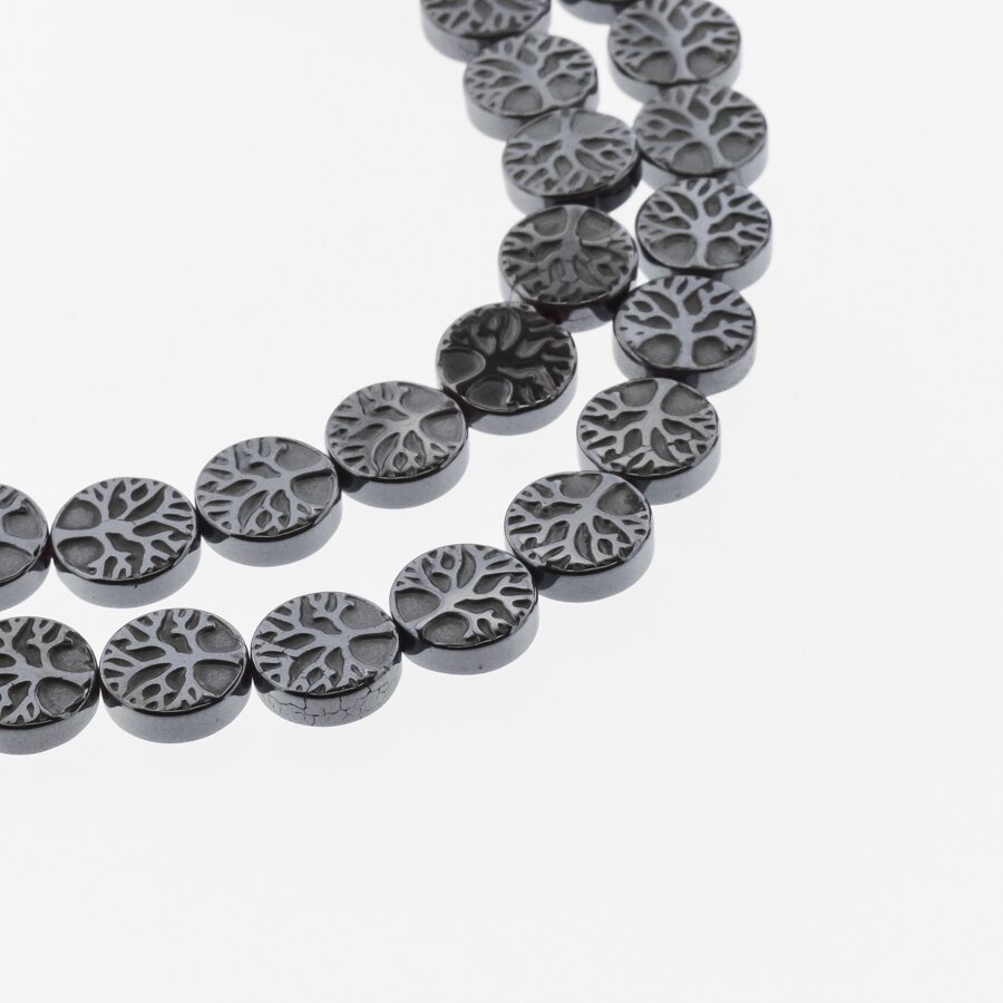 Hematite, Reconstituted, Flat Tree of Life Bead, Black, 39-40 cm/strand, 10 mm Hematite, Reconstituted, Flat Tree of Life Bead, Black, 39-40 cm/strand, 10 mm