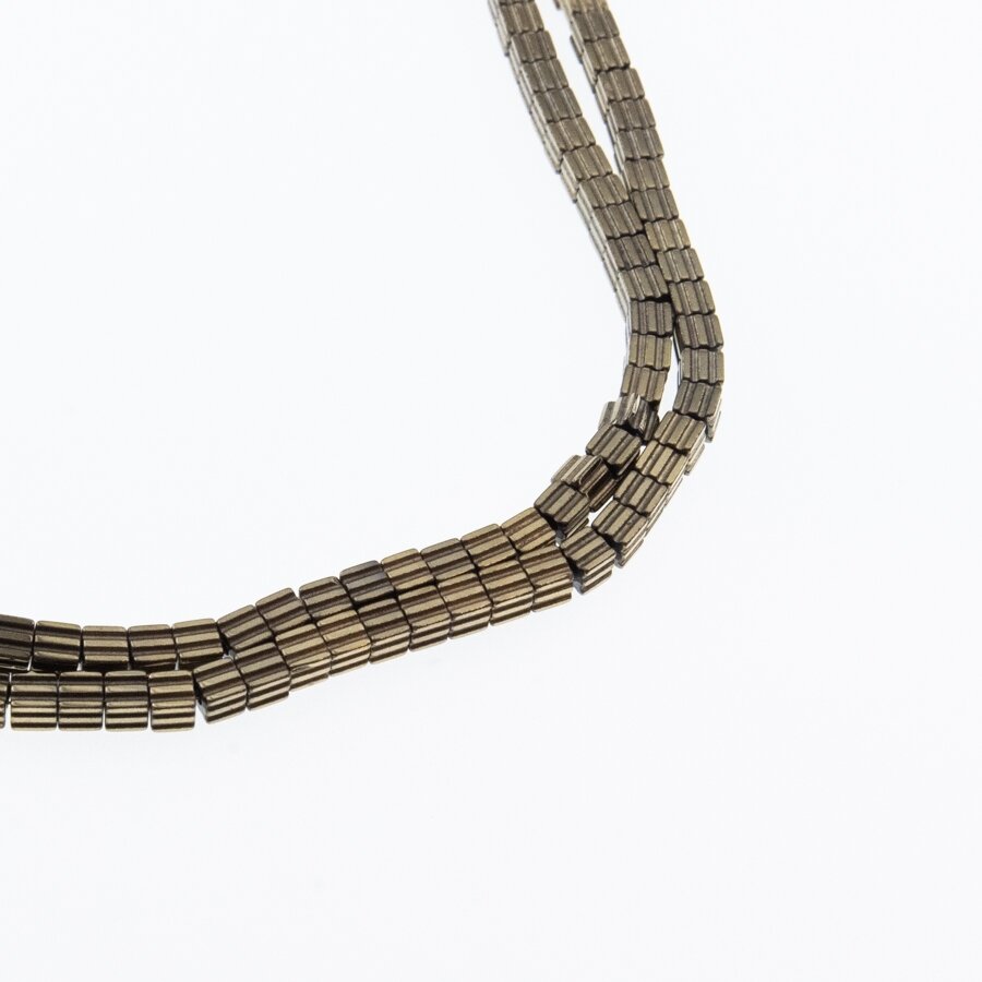 Hematite, Reconstituted, Grooved Cube Bead, Khaki Gold, 39-40 cm/strand, 3.5 mm Hematite, Reconstituted, Grooved Cube Bead, Khaki Gold, 39-40 cm/strand, 3.5 mm