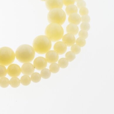 Kinų baltas žadeitas, natūralus, dažytas, apvali forma, #31 pastelinė geltona spalva, 37-39 cm/gija, 6, 8, 10, 12 mm