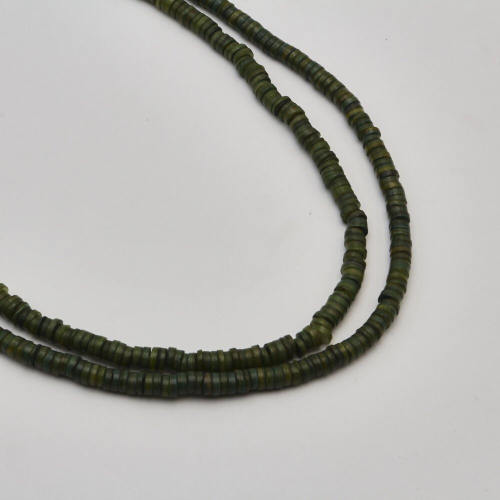 Shell beads, reconstituted, B grade, uneven rondelle shape, #18 moss green color, 39 cm/strand, 7x3 mm