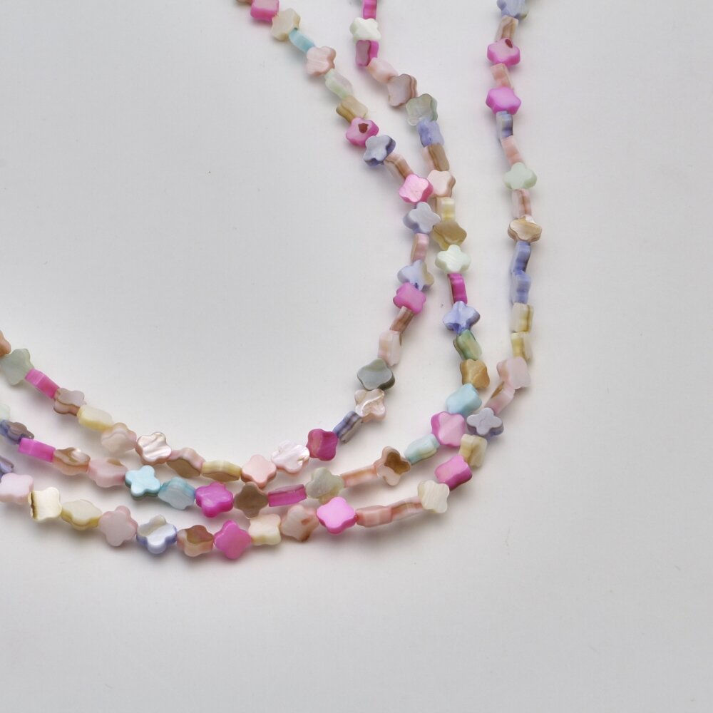 Shell beads, reconstituted, B grade, flat four-leaf clover shape, #97 color mix, 39 cm/strand, 6x6 mm Shell beads, reconstituted, B grade, flat four-leaf clover shape, #97 color mix, 39 cm/strand, 6x6 mm