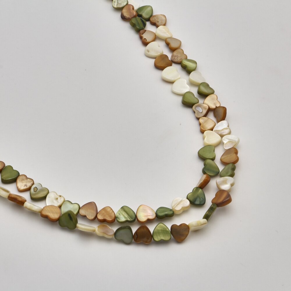 Shell beads, reconstituted, B grade, flat heart shape, horizontally drilled, #64 color mix, 39 cm/strand, 9 mm