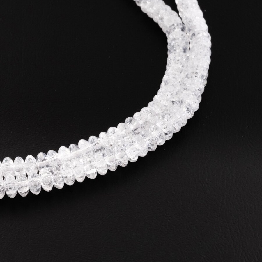 Kraklē kvarcas, regeneruotas sintetinis, abacus rondelės forma, skaidri balta spalva, 37-39 cm/gija, 6x4 mm Kraklē kvarcas, regeneruotas sintetinis, abacus rondelės forma, skaidri balta spalva, 37-39 cm/gija, 6x4 mm