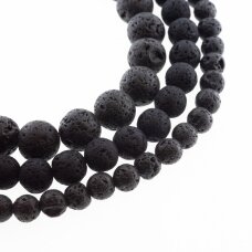 Lava, natūralus, AB kokybė, apvali forma, juoda spalva, 37-39 cm/gija, 4, 6, 8, 10, 12, 14, 16, 18, 20 mm