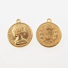 vNerūdijančio plieno pakabukas moneta 'Dos Pesos/Elizabeth', paauksuotas, auksinė spalva, plotis-20 mm, ilgis-23 mm, skylės dydis-1.5 mm