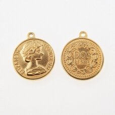 Stainless steel coin pendant 'Dos Pesos/Elizabeth', gold plated, gold color, wide-20 mm, length-23 mm, hole size-1.5 mm Stainless steel coin pendant 'Dos Pesos/Elizabeth', gold plated, gold color, wide-20 mm, length-23 mm, hole size-1.5 mm