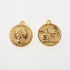 Stainless steel coin pendant 'George/Elizabeth', gold plated, gold color, wide-18 mm, length-21 mm, hole size-1.5 mm