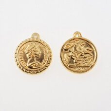 Stainless steel coin pendant 'George/Elizabeth', gold plated, gold color, wide-18 mm, length-21 mm, hole size-1.5 mm Stainless steel coin pendant 'George/Elizabeth', gold plated, gold color, wide-18 mm, length-21 mm, hole size-1.5 mm