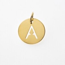 Stainless steel alphabet letter pendant 'A', gold plated, gold color, diameter-12 mm, hole size-4 mm